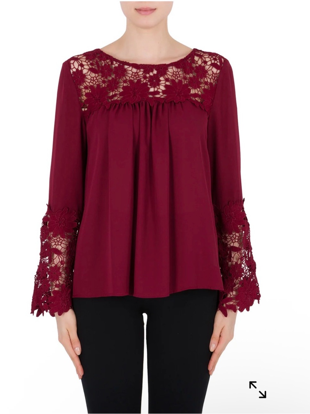 Joseph Ribkoff Floral Lace Yoke Blouse - Burgundy